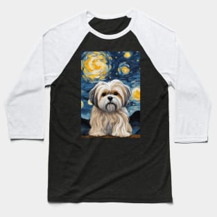 Adorable Lhasa Apso Dog Breed Painting in a Van Gogh Starry Night Art Style Baseball T-Shirt